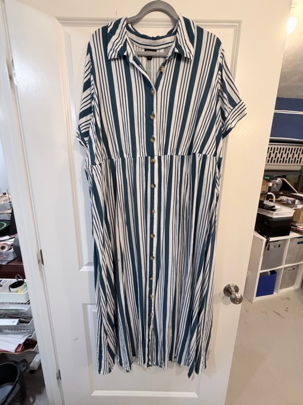torrid Blue & White Vertical-Stripe Button Maxi Dress